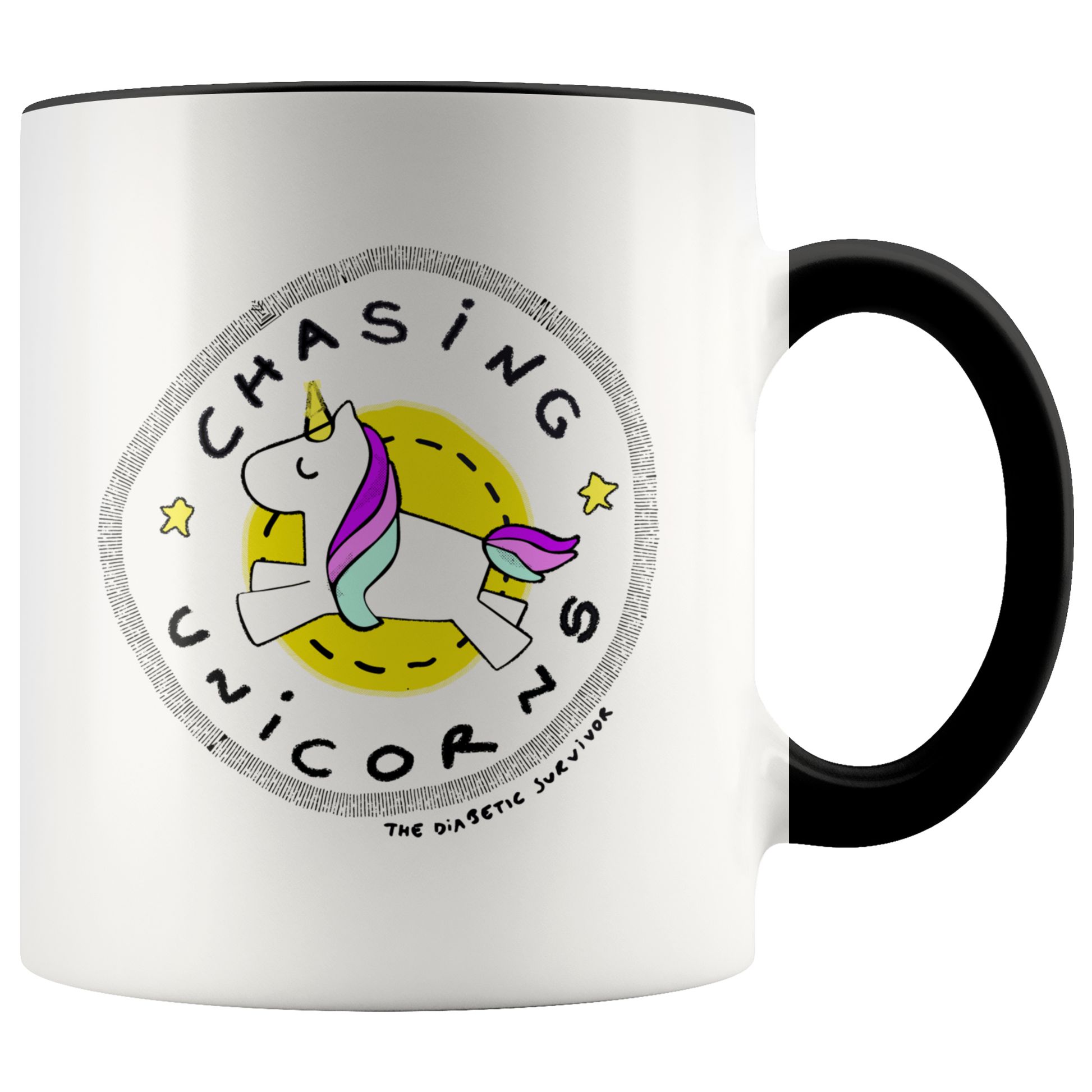 mug featuring a white unicorn surrounded by the message 'Chasing Unicorns' by the diabetic survivor