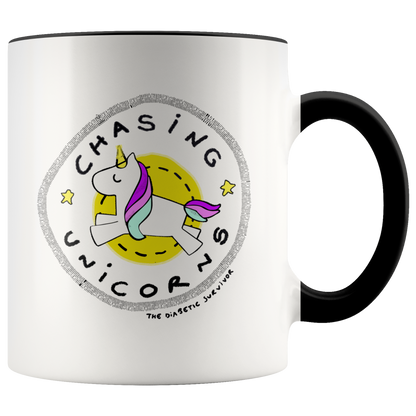 mug featuring a white unicorn surrounded by the message 'Chasing Unicorns' by the diabetic survivor