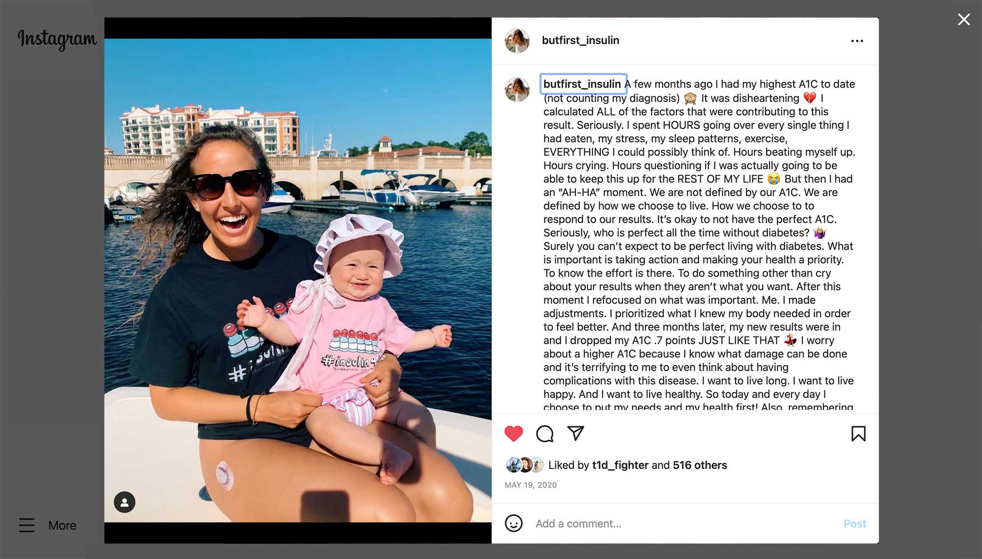 t1d mom with child living with diabetes on a boat featuring t-shirts of insulin4all diabetes campaign