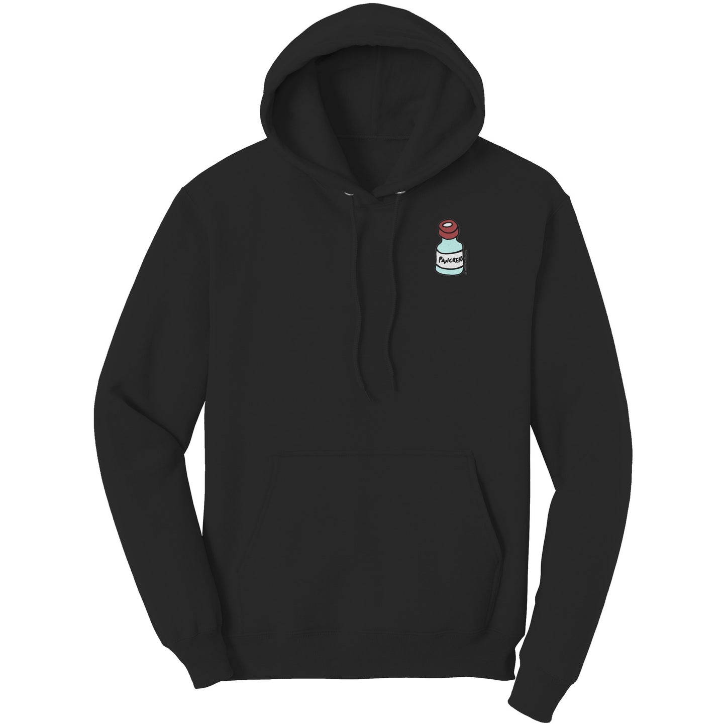 Hoodie with a cartoon of a little pancreas vial on the left hand side